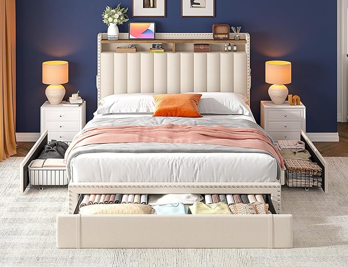 EnHomee Full Size Bed Frame, Upholstered Full Bed Frame with 3 Storage Drawers & 2-Tier Headboard Shelves, 900LBS Heavy Duty, No Box Spring Needed, Easy Assembly, Beige