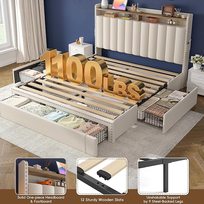 EnHomee Queen Size Bed Frame, Upholstered Queen Bed Frame with 3 Storage Drawers & 2-Tier Headboard Shelves, 1100LBS Heavy Duty, No Box Spring Needed, Easy Assembly, Beige