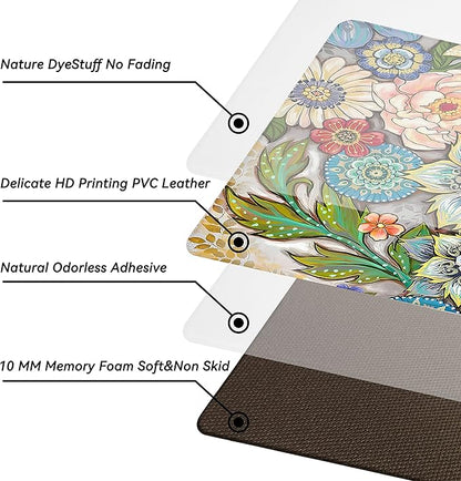 Boho Floral Kitchen Runner Rugs Mats for Floor 2 Piece Memory Foam Padded Long Kitchen Mats Anti Fatigue Cushioned Comfort Standing Mat, 17.3x28+17.3x59 Inch