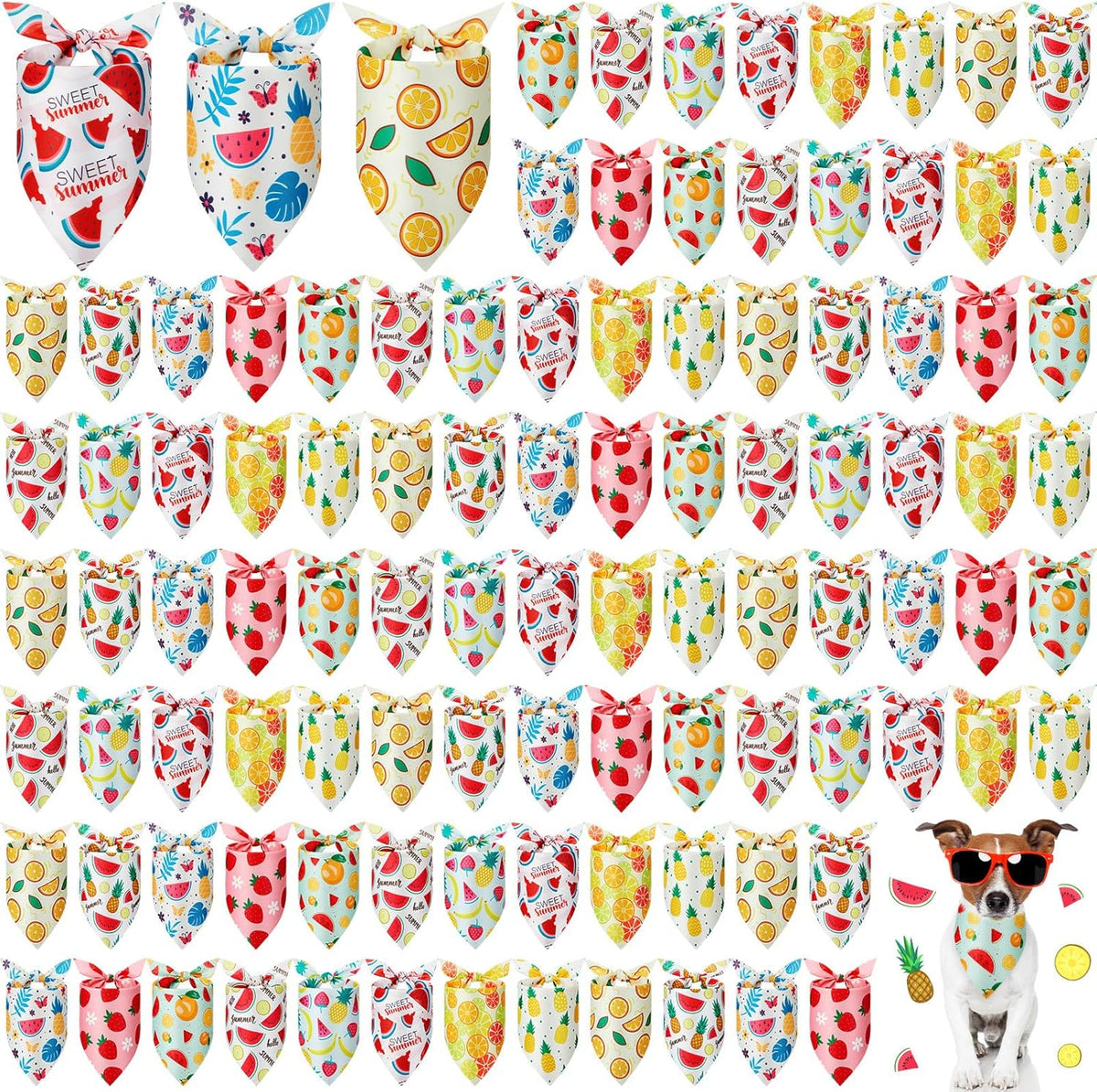 100 Pcs Fruit Dog Bandanas Bulk Summer Bandanas for Dogs Hawaiian Soft Bibs Adjustable Triangle Scarf for Small Medium Large Pet Costume