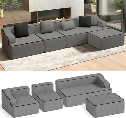 HERA'S HOUSE 134" Cloud Sectional Couch, L-Shaped Modular Upholstered Sofa with Ottoman, Corduroy Boneless Couches with Wide Armrest and 5 Throw Pillows for Living Room, No Assembly Required, Grey