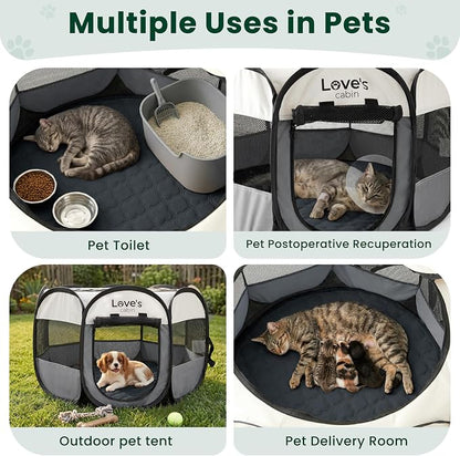 Love's cabin Dog Playpen with Washable Pee Pad, Puppy Pet Cat Playpen Small Dogs Tent Crate Indoor/Outdoor, Portable Pop Up Kennel with Carrying Case for Cats/Rabbits(Grey,Small with pad)