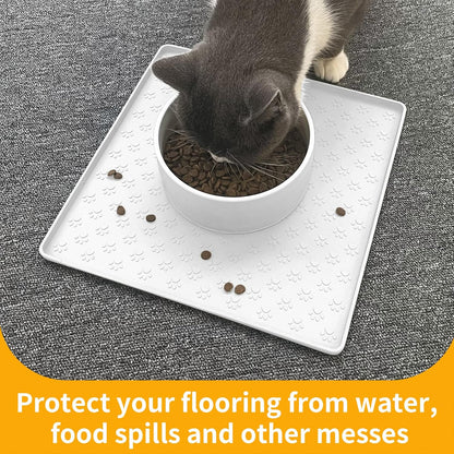 Ptlom Pet Placemat for Dog and Cat, Waterproof Silicone Pet Feeding Bowl Mats for Food and Water, Small Medium Large Dogs Mat Prevent Residues from Spilling to Floor, White, 11.8"x11.8"