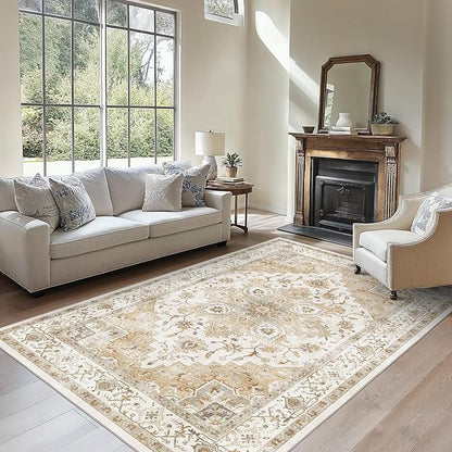 AMADA HOMEFURNISHING 6x9 Area Rugs, Beige Washable Rug Low-Profile with Non-Slip Backing & Durable Edge Binding, Vintage Rugs for Living Room, Bedroom, Dinning Room