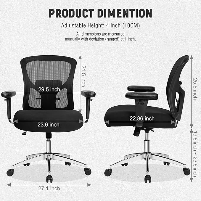 Bigroof Big and Tall Office Chair 500lbs, Heavy Duty Ergonomic Mesh Chair, Computer Executive Desk Chair with Wide Thick Seat, Adjustable Armrests, Lumbar Support