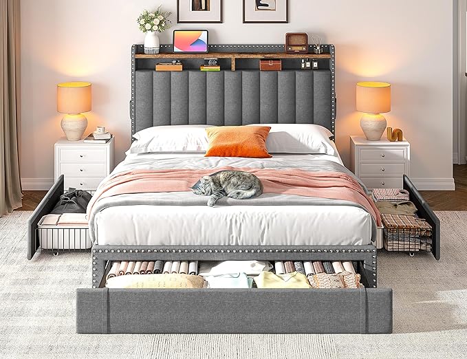 EnHomee Full Size Bed Frame, Upholstered Full Bed Frame with 3 Storage Drawers & 2-Tier Headboard Shelves, 900LBS Heavy Duty, No Box Spring Needed, Easy Assembly, Grey