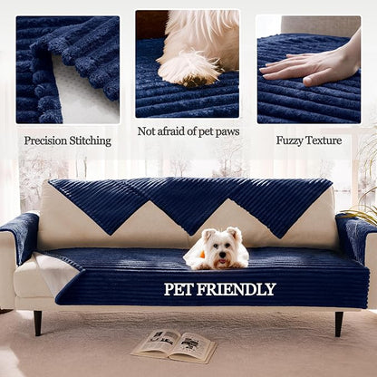 Dual Non-Slip Couch Cover for Dogs Waterproof, Fuzzy Soft Pet Couch Covers for Sofa 3 Cushion, Pet Friendly Soft Dog Bed Covers Sofa Cover Washable (Navy Blue, 33" x 85" 1 Pack)