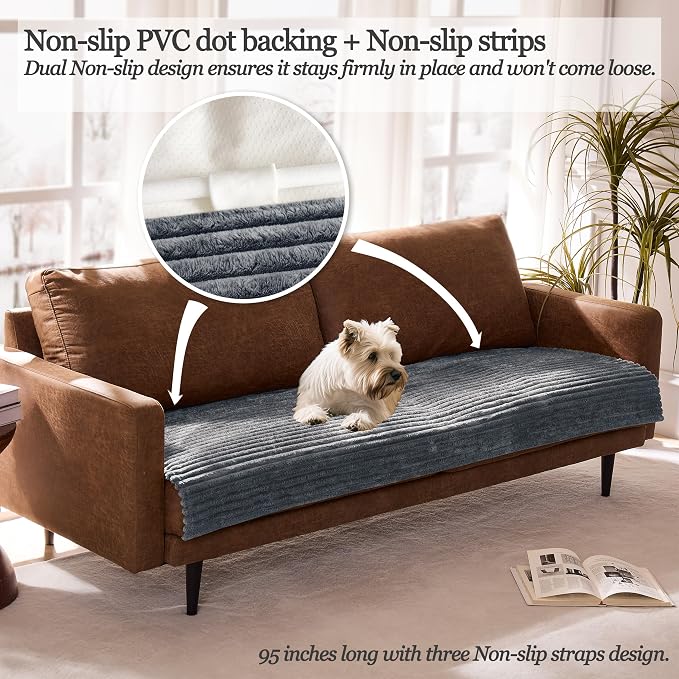 Dual Non-Slip Couch Cover for Dogs Waterproof, Fuzzy Soft Pet Couch Covers for Sofa 3 Cushion, Pet Friendly Soft Dog Bed Covers Sofa Cover Washable (Titanium Gray, 33" x 85" 1 Pack)