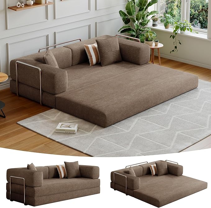 78.8''Convertible Sleeper Sofa Bed,Compressed Floor Boneless Couch,Modular Modern Corduroy Sofa for Living Room Bedroom -with Fixed-Shape Frame and Support Armrest,Easy Assembly(Brown)