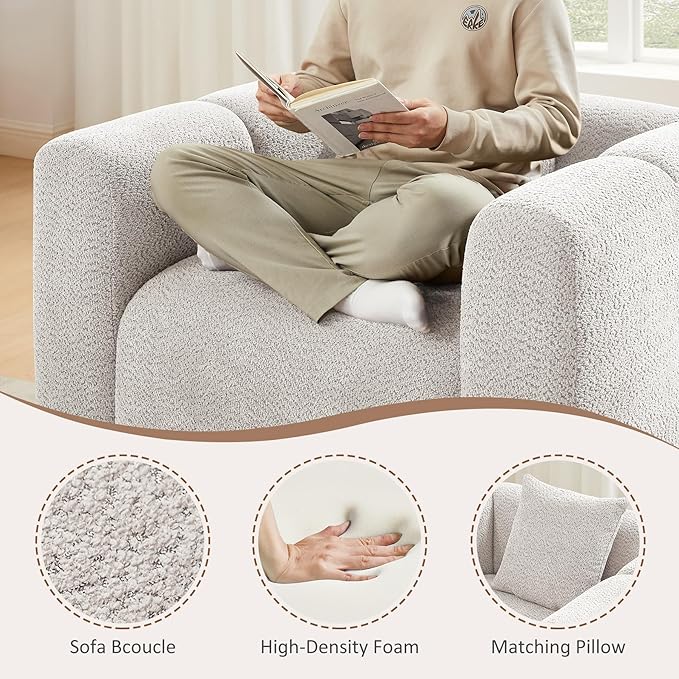 VANOMi 42" Width Accent Chair for Living Room, Modern Lounge Chair with Pillow, Comfy Upholstered Boucle Single Sofa Chair for Living Room (Light Khaki)