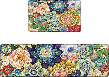 Boho Floral Kitchen Runner Rugs Mats for Floor 2 Piece Memory Foam Padded Long Kitchen Mats Anti Fatigue Cushioned Comfort Standing Mat, 17.3x28+17.3x59 Inch