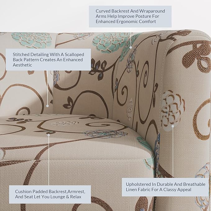 BELLEZE Living Room Chair, Linen Round Accent Barrel Chair, Club Tub Sofa Chair for Bedroom, Corner Chair with Flared Legs and Cozy Soft Padding - Highland (Floral Print)