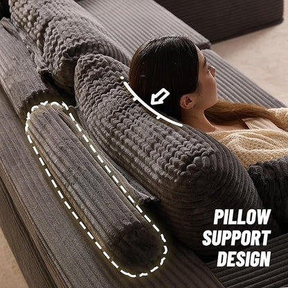 138" Boneless Couch with Deep Seat, Modular Sectional Sofa, Cloud Sectional Couch for Living Room, No Assembly Required, Corduroy, U-Shape 4 Seater Left, Gray