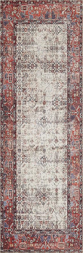 Loloi Layla Collection LAY-12 Ivory/Brick 2'-6" x 7'-6" .13" Thick Runner Rug, Soft, Durable, Vintage Inspired, Distressed, Low Pile, Non-Shedding, Easy Clean, Printed, Living Room Rug