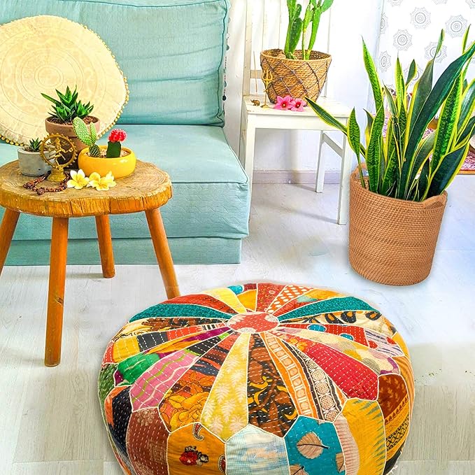 Mandala Life ART Indian Vintage Colorful Pouf Ottoman Cover Handmade Round Floor Cushion Pillow Patchwrok Recycled Cotton Bohemian Room Décor for Yoga and Boho Chic Seating Area 24x8 Unstuffed