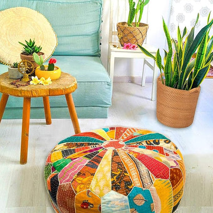 Mandala Life ART Indian Vintage Colorful Pouf Ottoman Cover Handmade Round Floor Cushion Pillow Patchwrok Recycled Cotton Bohemian Room Décor for Yoga and Boho Chic Seating Area 24x8 Unstuffed