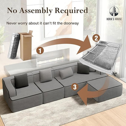 HERA'S HOUSE 134" Cloud Sectional Couch, L-Shaped Modular Upholstered Sofa with Ottoman, Corduroy Boneless Couches with Wide Armrest and 5 Throw Pillows for Living Room, No Assembly Required, Grey