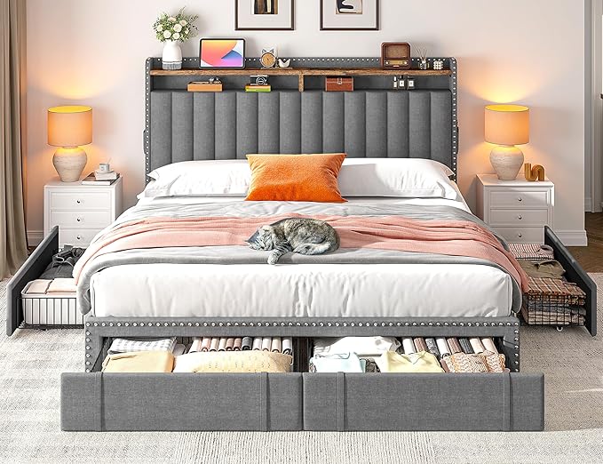 EnHomee King Size Bed Frame, Upholstered King Bed Frame with 4 Storage Drawers & 2-Tier Headboard Shelves, 1200LBS Heavy Duty, No Box Spring Needed, Easy Assembly, Grey