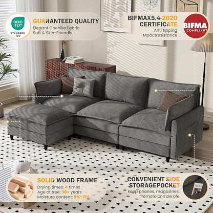 Apicizon 108" Cloud Couch Sectional, L Shaped Cloud Sofa with Side Storage Pocket, Modern Corduroy Sofa Set for Living Room, Office, Grey