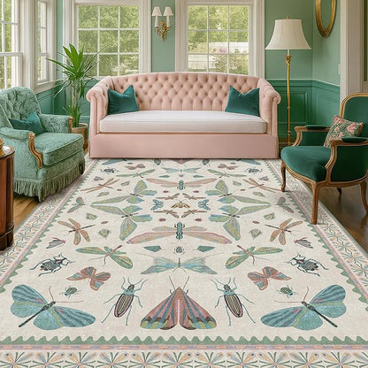 Sage Green Rugs for Bedroom Under Bed - 6x9 Area Rug for Living Room, Dining Room, Kids Playroom, Fun Insect Cute Décor,Ultra Soft Non Slip Stain Resistant