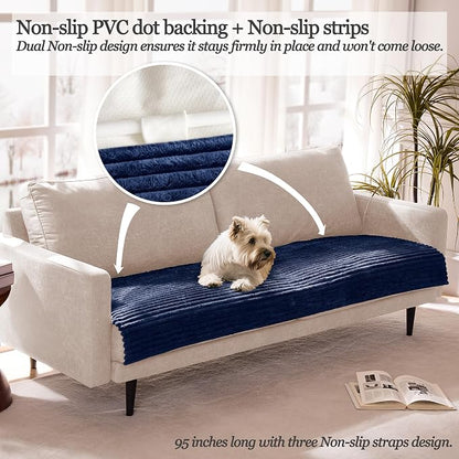 Dual Non-Slip Couch Cover for Dogs Waterproof, Fuzzy Soft Pet Couch Covers for Sofa 3 Cushion, Pet Friendly Soft Dog Bed Covers Sofa Cover Washable (Navy Blue, 33" x 85" 1 Pack)
