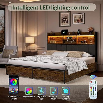 LARMACE Queen Bed Frame with 6 Storage Drawers, Bed Frame Queen Size with Linen Upholstered Headboard, Built in Charging Station and LED, No Noise, Metal Support, No Box Spring Needed,Vintage Brown