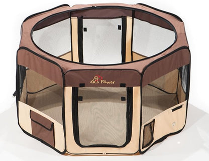 Pawer 36”×18.5” 8-Panel Foldable Pet Playpen, for Small Medium Cat/Dog/Puppy, Brown+Beige, 600D Oxford Cloth Portable Indoor & Outdoor Kennel with Carry Bag, Multiple Sizes & Colors Available