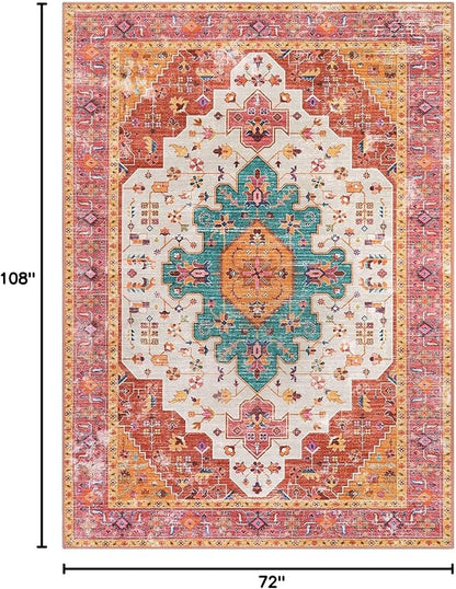 Moynesa Ultra-Thin Washable Pink Area Rug - 6x9 Large Boho for Girls Bedroom, Dining Room, Non-Shed Playroom, Office, Indoor Printed Boho Floor Carpet for Living Room Decor