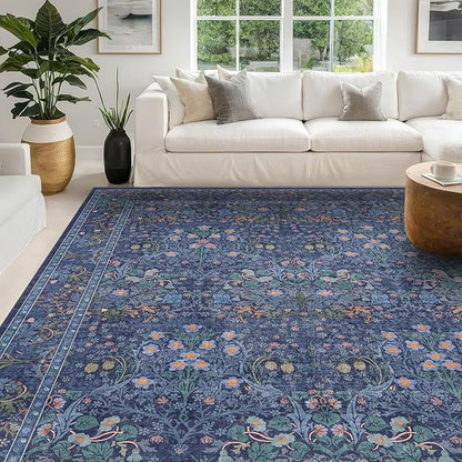 Boho 8x12 Washable Dark Blue Rug for Living Room - Large Area Rug for Dining Room Under Table, Bedroom Under Bed, Vintage Floral Design, Low Pile & Soft Indoor Décor