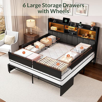 LARMACE Queen Bed Frame with 6 Storage Drawers, Bed Frame Queen Size with Linen Upholstered Headboard, Built in Charging Station and LED, No Noise, Metal Support, No Box Spring Needed,Vintage Black