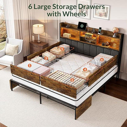 LARMACE Queen Bed Frame with 6 Storage Drawers, Bed Frame Queen Size with Linen Upholstered Headboard, Built in Charging Station and LED, No Noise, Metal Support, No Box Spring Needed,Vintage Brown
