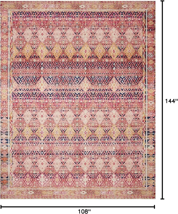 Loloi Layla Collection LAY-15 Magenta/Multi 9'-0" x 12'-0" .13" Thick Area Rug, Soft, Durable, Vintage Inspired, Distressed, Low Pile, Non-Shedding, Easy Clean, Printed, Living Room Rug
