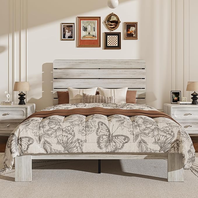 King Size Wooden Bed Frame with Headboard, Boho Platform Bedframe with Wood Slat Support, Sturdy and No Noise, Easy Assembly (Boho White, King)