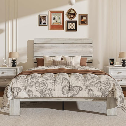 King Size Wooden Bed Frame with Headboard, Boho Platform Bedframe with Wood Slat Support, Sturdy and No Noise, Easy Assembly (Boho White, King)