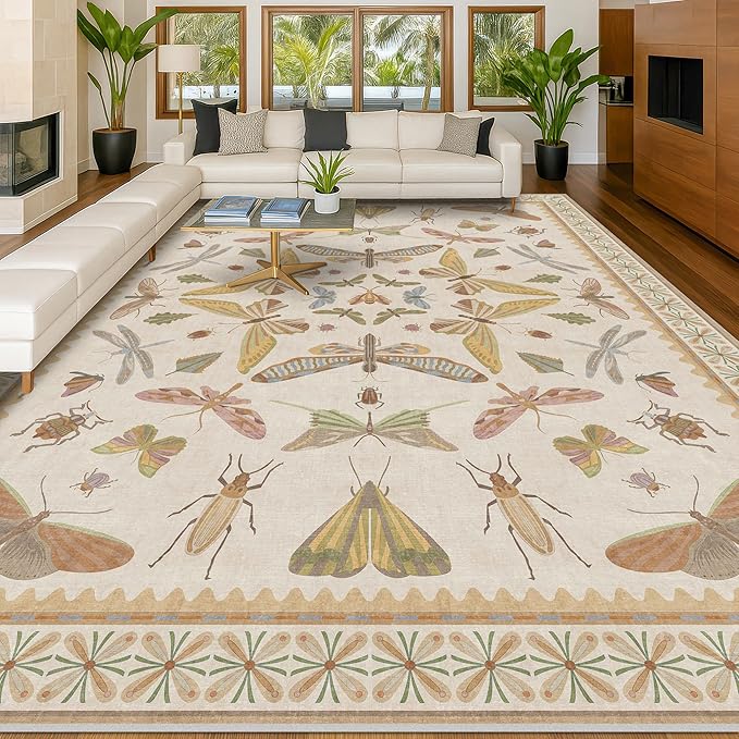 Large Western Rugs for Living Room - 10x14 Insect Area Rug for Dining Room Under Kitchen Table, Washable Low Pile Soft Boho Butterfly Decor