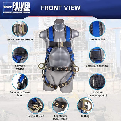 Fall Protection Hammerhead Kit I 5pt Safety Harness, 6' Double Leg Lanyard, 18" D-Ring Extender (Blue - SM)