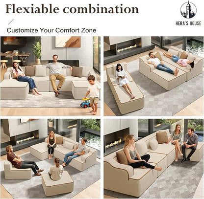 HERA'S HOUSE 134" Cloud Sectional Couch, U-Shaped Modular Upholstered Sofa with Ottoman, Corduroy Boneless Couches with Wide Armrest and 6 Throw Pillows for Living Room, No Assembly Required, Beige