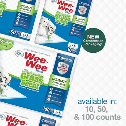 Four Paws Wee-Wee Ultimate Attractant Dog Pee Pads, Grass Scent, 100 Count | Smells like real grass, leak-proof puppy pads, dog housebreaking & potty training, 24-hour floor protection, 22" x 23"