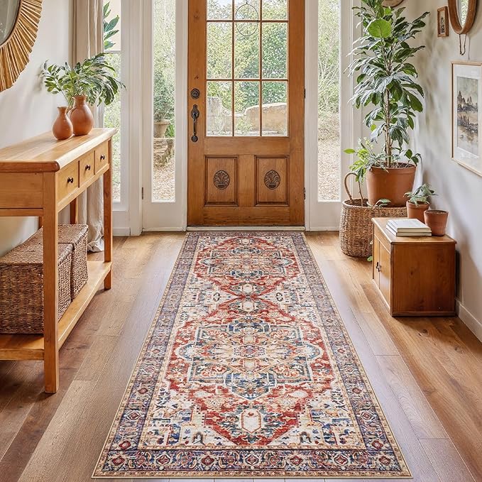 AMADA HOMEFURNISHING 2x6 Washable Runner Rug, Low-Profile Kitchen Rugs with Non-Slip Backing & Durable Edge Binding, Vintage Entryway Runner Rug for Bedroom & Hallway