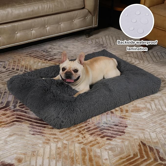 Bedfolks Waterproof Dog Crate Bed,Plush Dog Crate Pad with Removable Cover,Faux Fur Dog Bed for Large Dogs,Fluffy Washable Dog Kennel Bed 35"x23",Solid Dark Grey