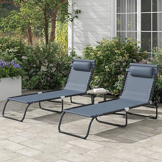 Outsunny Folding Chaise Lounge Chair Set of 2, Patio Sun Tanning Chair, Outdoor Chaise Lounger with 4-Position Reclining Back, Breathable Mesh Seat for Beach, Poolside, Gray