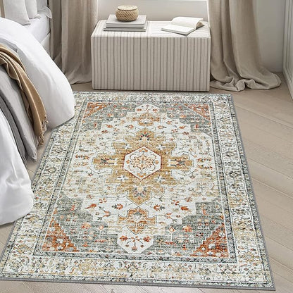 Moynesa Ultra-Thin Washable Area Rug - 4x6 Vintage Living Room Rugs Non-Shed Non Slip, Oriental Low Pile Indoor Accent Floor Carpet for Bathroom Bedroom Laundry Mudroom Entrance, Beige/Gold