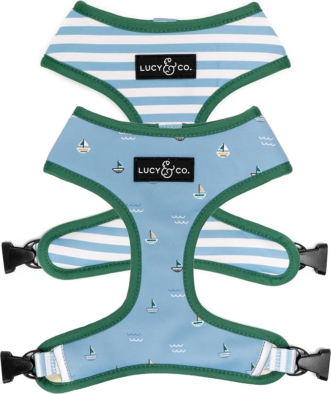 Lucy & Co. Reversible Dog Harness - Water-Repellent Neoprene, Dual-Print Design, Easy Swap Style, Adjustable Comfort Fit - Set Sail Reversible Harness - Small