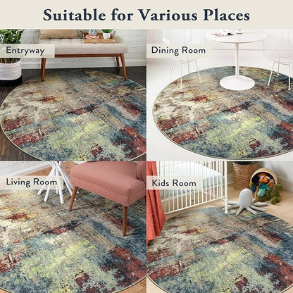 Lahome Modern Abstract Round Rug 5ft - Washable 5x5 Circle Rugs for Bedroom Dining Table Non Slip Non-Shedding, Soft Floor Carpet for Living Room Nursery Dorm Kitchen,Red/Multi