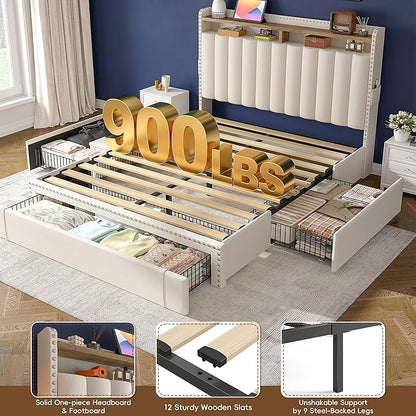 EnHomee Full Size Bed Frame, Upholstered Full Bed Frame with 3 Storage Drawers & 2-Tier Headboard Shelves, 900LBS Heavy Duty, No Box Spring Needed, Easy Assembly, Beige