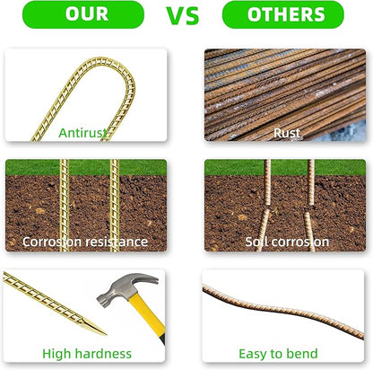 11 Pack 12 Inch Rebar Stakes Anti-Rust Galvanized Steel U Shape Hook Strong Ground Anchors for Tents, Position Kits, Fences, Trampolines Landscape Fabric for Farm Garden