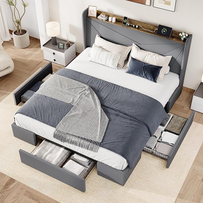 Allewie King Size Velvet Bed Frame with 3 Storage Drawers, Upholstered Platform Bed with Wingback Storage Headboard and USB Ports, No Box Spring Needed, Easy Assembly, Grey