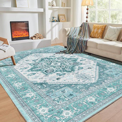 OPPODREAM Thin Area Rugs 4x6, Low-Pile Washable Rugs 4x6 with Non Slip Backing, Faux Cashmere 4 x 6 Throw Carpet, Teal & Turquoise & Cream