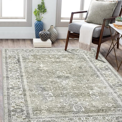 Deerly Washable Rug 5x7 Area Rugs for Living Room, Non Slip Large Rug for Bedroom Dining Room, Low-Pile Kid & Pet Friendly Distressed Carpet Print Floor(Cream)