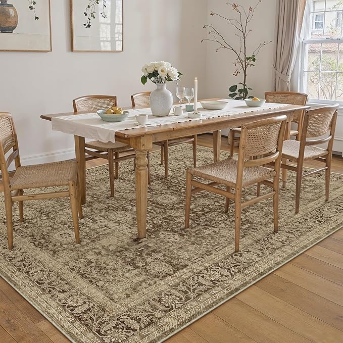 Brown 5x7 Area Rug Non Slip Vintage Living Room Distressed Machine Washable Carpet Retro Indoor Bedroom Floral Traditional Accent Throw Rug for Office Kitchen Dorm Dining Room